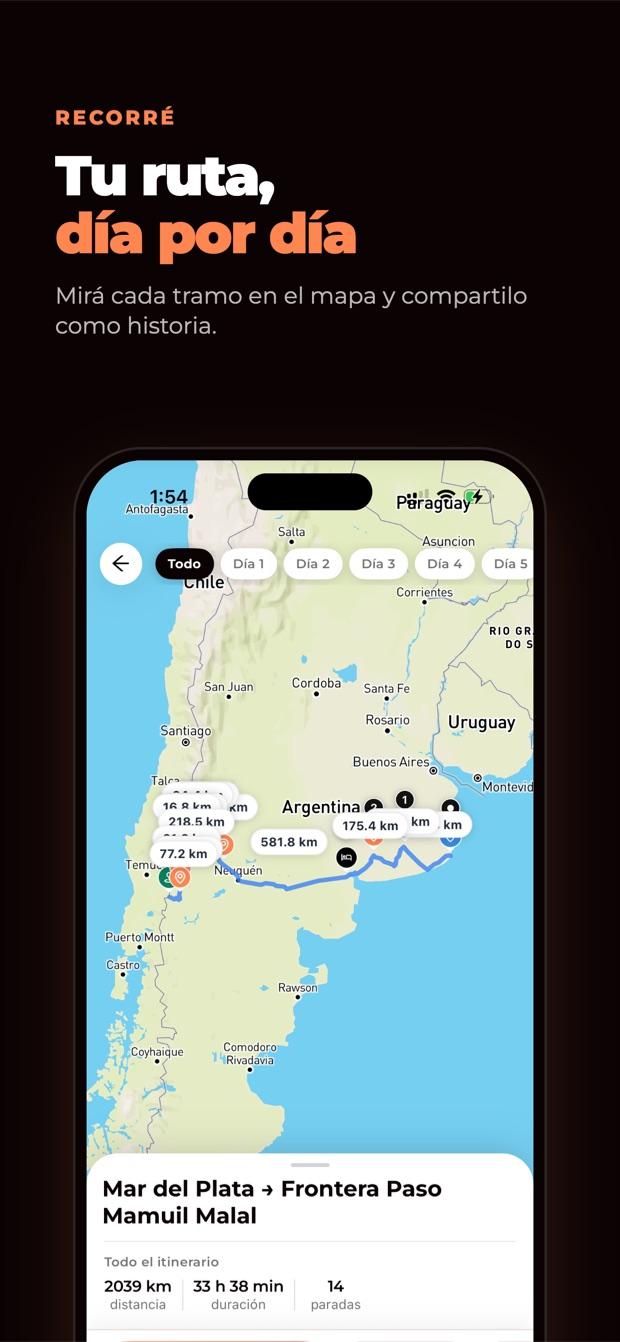 Velok App: mapa del viaje día por día